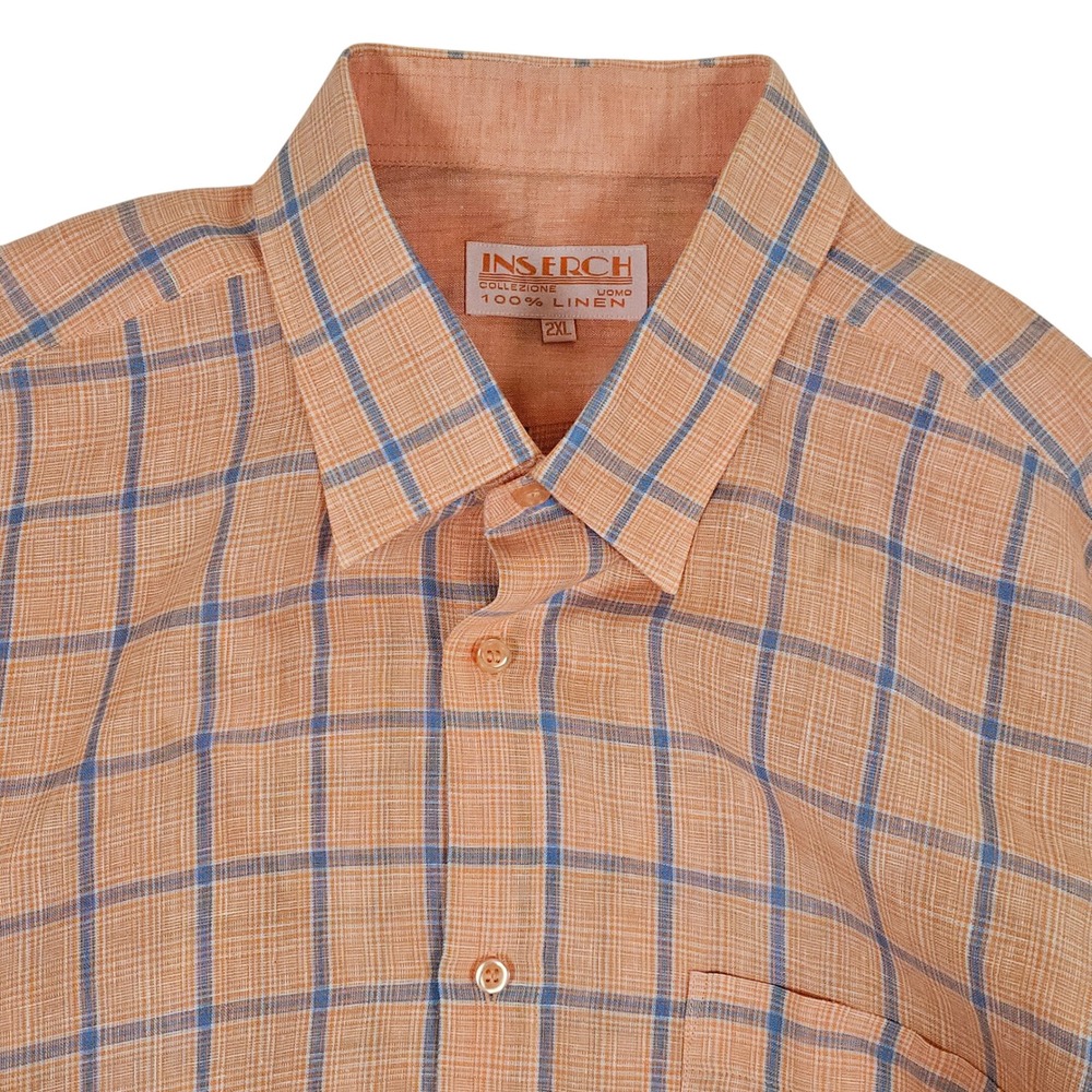 Inserch Collezione‎ Uomo Mens 2XL Orange Blue Plaid 100% Linen Button Down Shirt